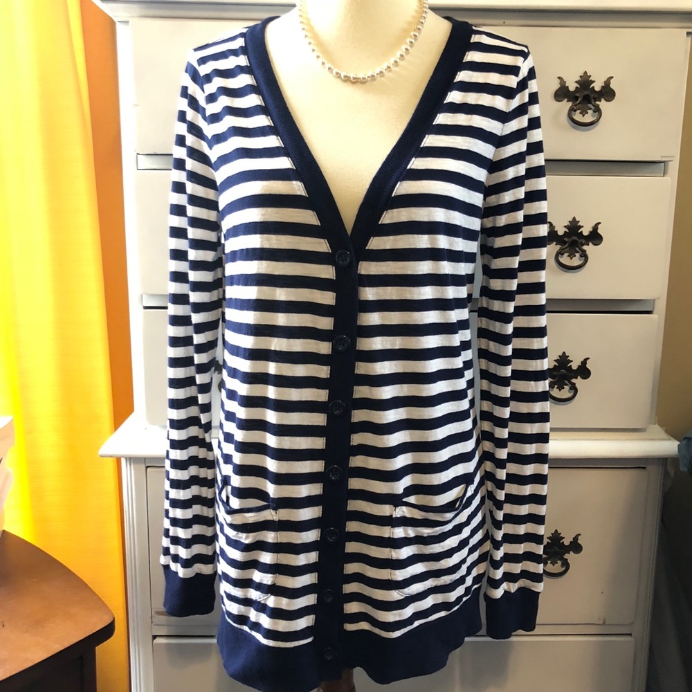 Navy & White Cardigan with Pockets